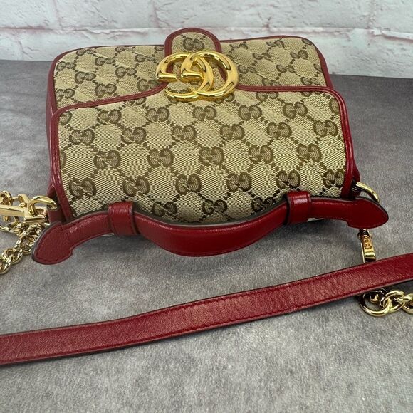 Gucci Marmont Matelasse Top Handle GG Khaki Red Shoulder Bag - Picture 7 of 13